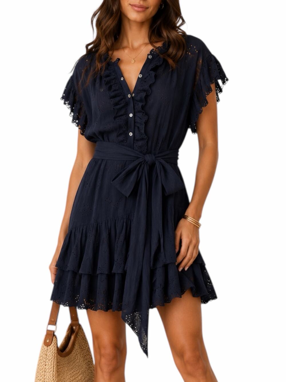 Rebecca Taylor Black Dree Silk Blend Eyelet Ruffle Mini Dress Size 12